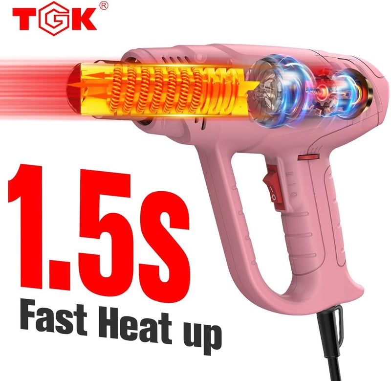 TGK Heat Gun, ® 1800W Heavy Duty Hot Air Gun Kit 122℉~1202℉ Dual Temperature Settings with 6 Nozzle Attachments Overload Protection for Crafts, Shrink Wrapping/Tubing, Paint Removing, Epoxy Resin - Image 3